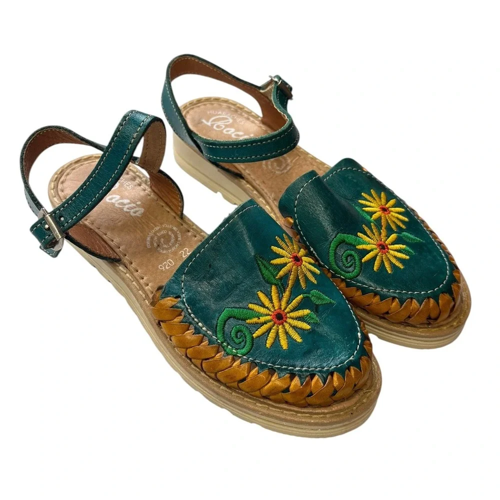 Mexican Huarache Leather‎ Floral Embroidered Slingback Sandals Boho Artisan 5